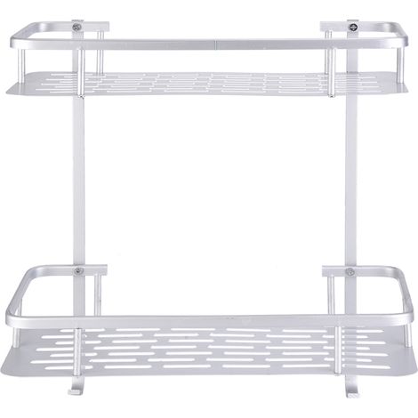 Étagère murale aluminium double couche avec 2 crochets pour salle de bain (1/5)