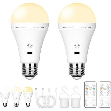 USB Rechargeable Light Bulb with Remote Control, 3 Color Temperatures, E27 Dimmable LED, Battery Operated, 7W Touch Control with Timer, Backup with Hook, 2600mAh, 2 Pack (1/5)