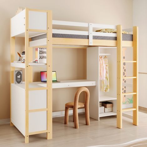 Letto a soppalco 90x200 cm con scrivania, scaffali e armadio, pino e MDF, naturale (1/5)