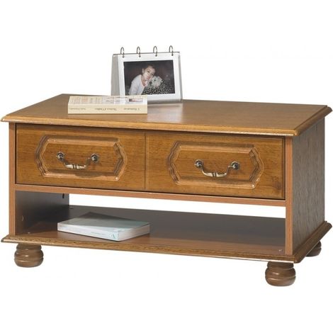Beaux Meubles Pas Chers – Table basse rectangulaire en chêne massif – 2 tiroirs et 1 niche – Dimensions L 82.4 x H 42 x P 46.5 cm – Finition rustique (1/5)