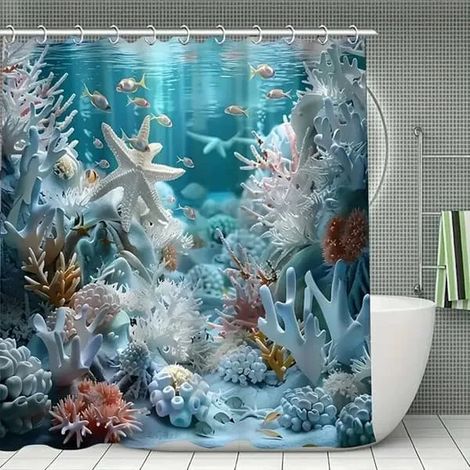 Filiyano-Rideau de douche en polyester imprimé corail et oursins, bleu marine, avec 12 crochets, pour la décoration de votre salle de bain, 150 x 180 (1/3)