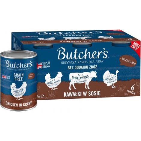 Aliment humide sans céréales pour chiens Butcher's, mélange de saveurs, boîte de 6 x 400 g (1/3)