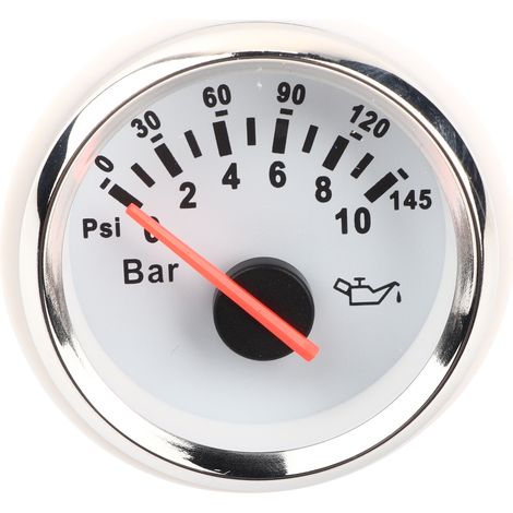 2-Zoll-Öldruckanzeige 0–10 bar, 145 psi, LED-beleuchtetes Zifferblatt, Instrument für Auto, Motorrad, Boot, LKW, 12 V/24 V, weiß-silbernes Gehäuse
