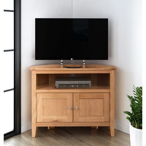 Hallowood Furniture Hereford Oak Small Corner TV Unit with with Cable Hole & Storage Cupboard, 2-Door Solid Wooden Light Oak TV Stand Cabinet with 1 Shelf, Corner Unit for Living Room or Bedroom (1/5)