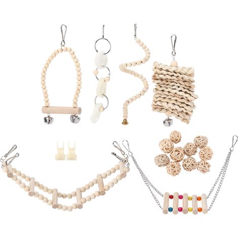 Ensemble de jouets à mâcher pour perroquets, hamac suspendu en bois naturel, balançoire pour cage à oiseaux, pour perruches et calopsittes. (1/5)