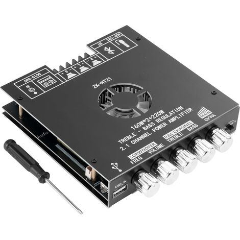 Amplificateur HiFi avec Bluetooth Mini amplificateur Audio stéréo 2.1 canaux 160W x 2 + 220 W Mini Module amplificateur stéréo Puce avec TB, USB, AUX, DC 15-36 V pour Haut-parleurs (1/5)
