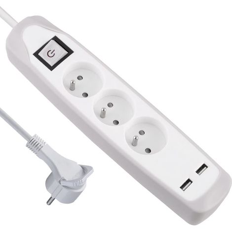 Bloc Multiprise 3 prises et 2 USB, Couverture en silicone protection contre impacts, Câble 2M, Fiche plat