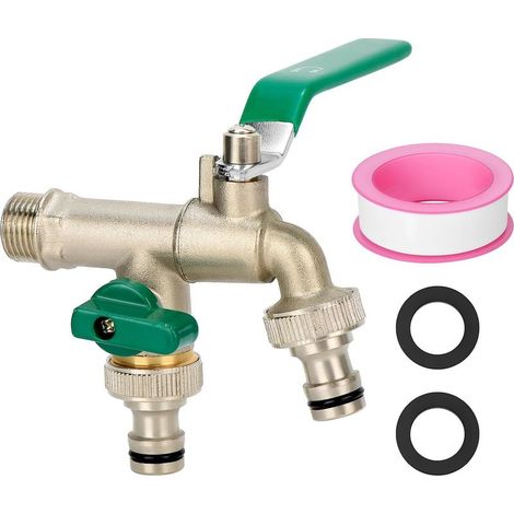 Doppelter Messing-Gartenhahn mit 2 Auslässen und Rückschlagventil – frost- und rostbeständig, ideal zum Bewässern und Waschen (1/5)