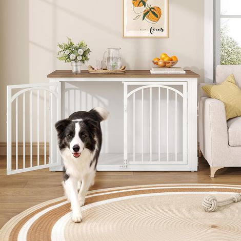 Cage pour Chien, 100cm Meuble Cage Chien et 4 Portes, Cages Bois pour Chiens, Table d'appoint, pour Chiens de Taille Moyenne à Grande, Niche D'intérieur, Marron et Blanc