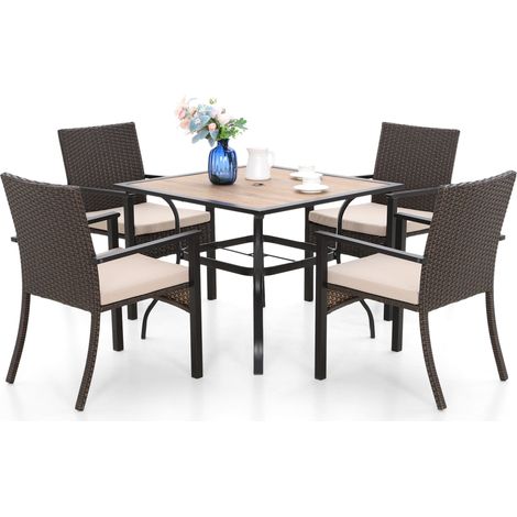 PHIVILLA Garden Dining Table and Chairs Set 5Pcs, 94 CM Square Wood-Like Table, 4 Outdoor Rattan Wicker Chairs With Beige Cushion, Garden Patio Balcony Furniture set (1/5)