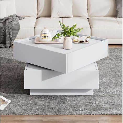 Table basse rotative 360° 60 x 60 x 38 cm avec rangement, blanche DESVIAE (1/5)
