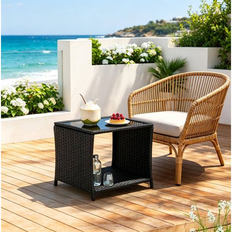 Gartentisch aus Polyrattan schwarz, quadratisch, mit gehärteter Glasplatte und Ablagefach, wetterfest (1/5)