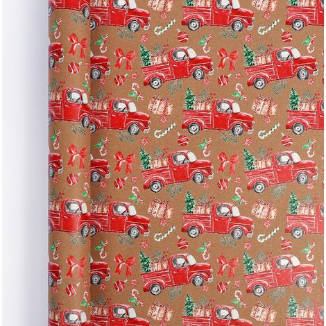 Papier cadeau kraft de Noël (0,43 x 3 mètres), style rétro, idéal pour les fêtes de fin d'année.