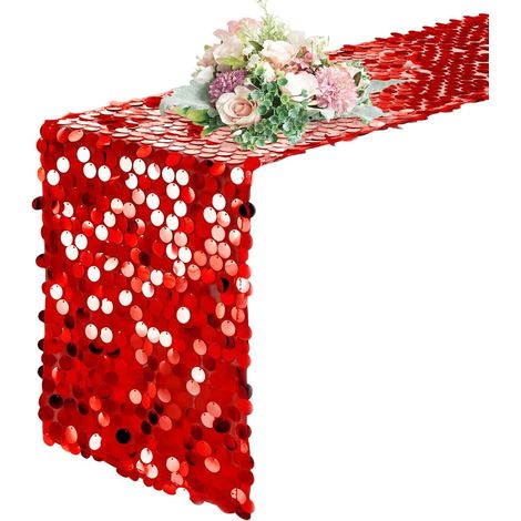 Chemin de Table de Noël, Chemin de Table à Paillettes Scintillant, 12 x 108 Pouces, Chemins de Tables Decoration Noël, Brillant Chemins de Tables, Chemines de Tabled à Paillettes (Rouge) (1/5)