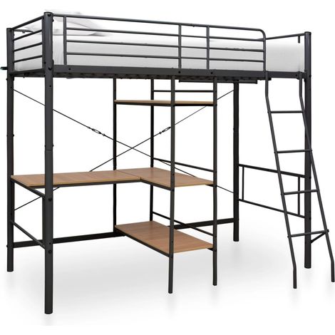 Lit mezzanine rmétal noir avec bureau bois naturel Kozty 90x200 cm (1/5)