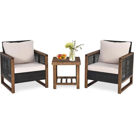 COSTWAY Set di 3 Pezzi di Mobili da Patio, 1 Tavolino in Legno di Acacia e 2 Sedie in Rattan PE, con Cuscini Lavabili, Set di Divani per Giardino Cortile Piscina Portico (1/5)