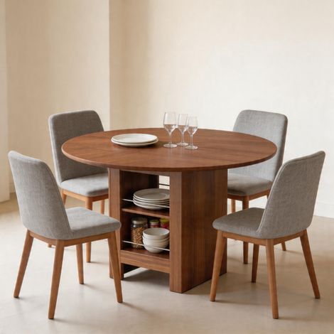 Table de salle à manger ronde 100 cm en MDF brun, avec rangement gain de place pour salon FloraGrace (1/5)