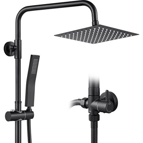 Duschsystem mit 2 Funktionen, Duschset ohne Armatur 8 Zoll eckige Regenbrause, Handbrause, höhenverstellbare Duschsäule, Schwarz