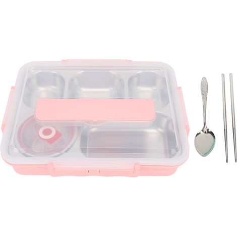Lunchbox mit Deckel, 5 Fächer, Wärmespeicherung, Edelstahlbehälter, Essstäbchen, Löffel, Suppenschüssel, rosa (1/5)