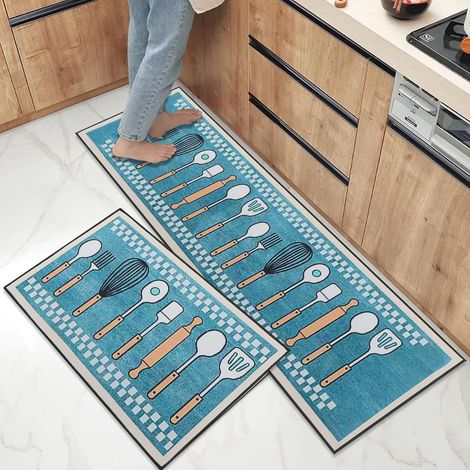 Lot de 2 Tapis de Cuisine antidérapants et lavables, Absorbant l'eau et l'huile, Tapis de Sol lavables, pour Salle à Manger, Cuisine, Couloir,Vert,43x75+43x120cm (1/5)