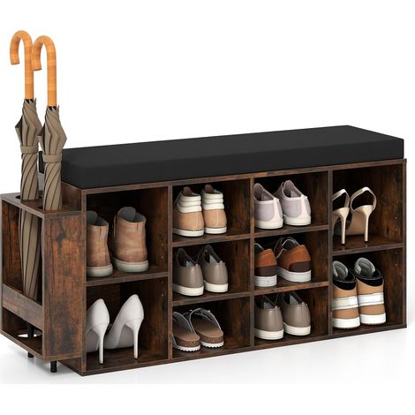 COSTWAY Panca Porta Scarpe con Portaombrelli, Scarpiera da Ingresso a 10 Scomparti con Seduta Imbottita, Ripiani Regolabili e Removibili per Corridoio, Soggiorno e Camera da Letto (Marrone) (1/5)