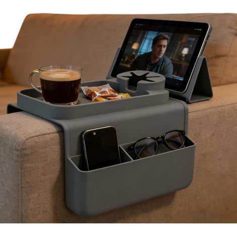 Plateau De Canapé, Porte-Gobelet En Silicone Antidérapant Pour Accoudoir De Canapé, Plateau D'accoudoir De Canapés Avec Deux Poches Latérales Et Porte-Gobelet, Pliable Plateau En Silicone Pour Canapés (1/5)