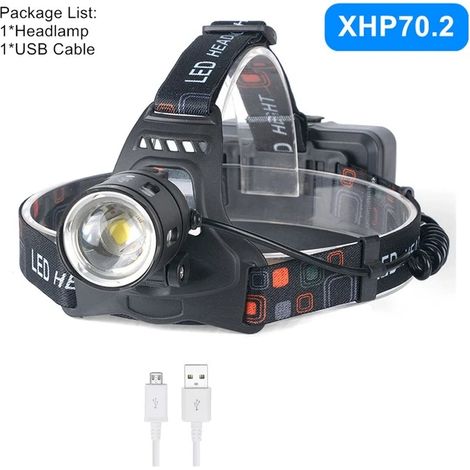 (Pack F) Lampe frontale LED puissante XHP70.2 XHP50.2 avec zoom, lampe torche, batterie 18650 rechargeable USB, lanterne de pêche (1/5)