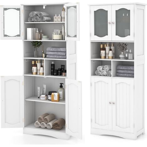 COSTWAY 148cm Tall Bathroom Cabinet Freestanding Storage Cabinet-White (1/5)