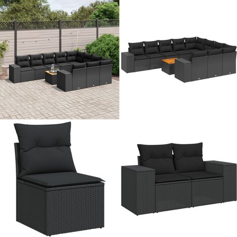 11-tlg. Garten-Sofagarnitur mit Kissen Schwarz Poly Rattan - Gartensorte - Gartenmöbelset - Esstischgarnitur - Lounge Möbel - Outdoor Furniture - Home & Living (1/5)