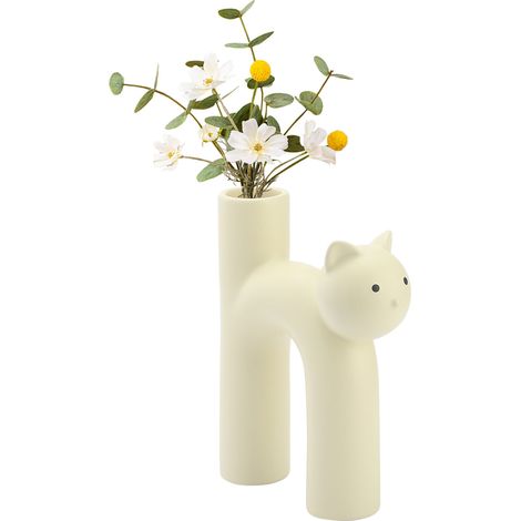 Vase céramique forme chat élégant Décor maison minimaliste moderne Blanc Jaune Rose 16x6.5x21cm (1/5)