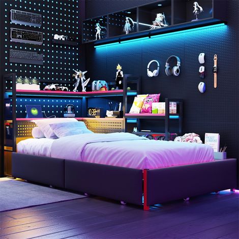 Lit 90x200cm - Lit plateforme en métal - avec 3 tiroirs, éclairage LED, ports USB et Panneau Perforé Design Moderne - Noir (1/5)