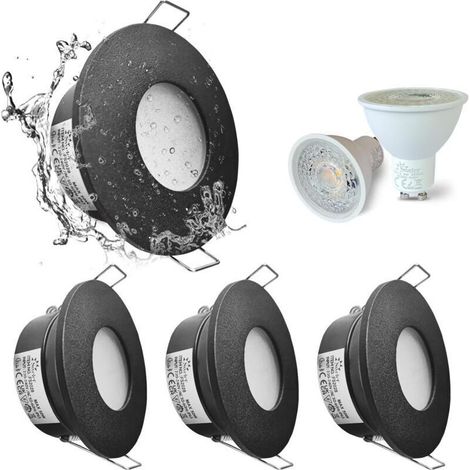 Set de 4 spots encastrés LED IP65 étanches 5W 3000K blanc chaud Découpe 68mm Boîtier noir Pour salle de bain et cuisine