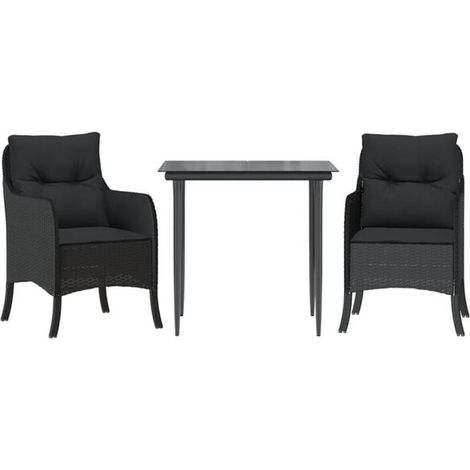 Ensemble table et chaises de jardin noires trois pièces avec coussins. (1/5)
