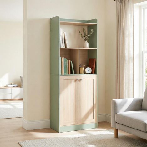 Armoire haute 60x30x161,2 cm,niche ouverte,angles arrondis,anti-basculement,MDF et panneaux de particules,vert effet bois (1/5)