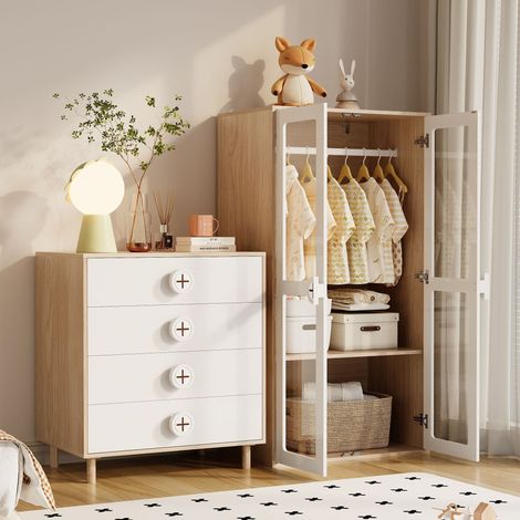 Kleiderschrank aus MDF in Natur/Weiß mit transparenten Acryltüren, 10 Ebenen, Kleiderstange und 4 Schubladen