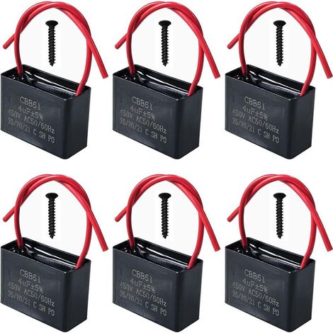 Lot de 6 Condensateurs CBB61 450V 4 µF AC 50/60 Hz Climatiseur Ventilateur Moteur Condensateur de Marche Démarrage pour Ventilateur de Plafond, Hotte (1/5)