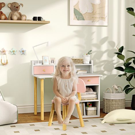 Ensemble bureau et chaise pour enfant, bureau d'écolier avec tiroirs, compartiment et étagères, rose et blanc (1/5)