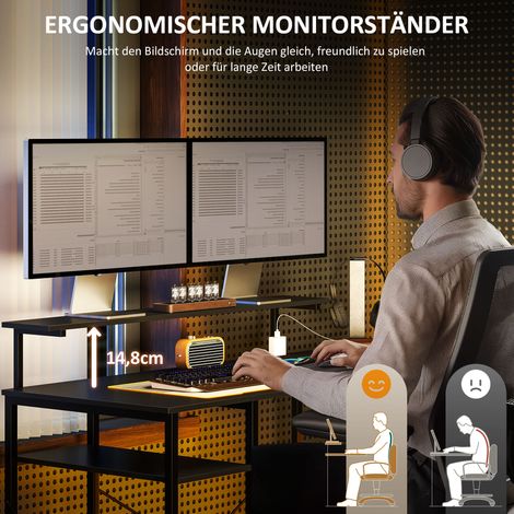 Bureau d'angle en forme de L avec station de charge, poste de travail informatique avec support d'écran et étagères, pour télétravail, bureau, noir (1/5)