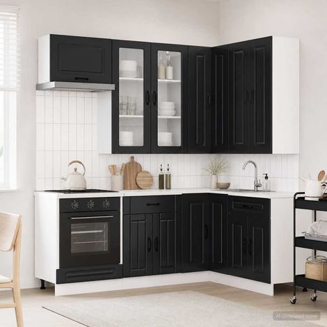 vidaXL Unité de cuisine KALMAR 8 pc Noir Bois d'ingénierie (1/5)