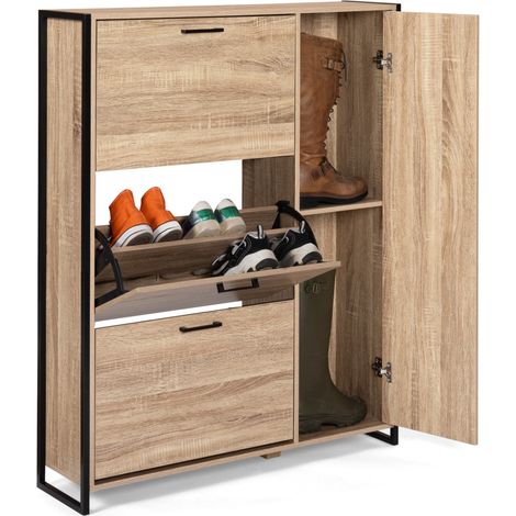 Idmarket – Meuble à chaussures 20 paires – 4 portes – Placard design industriel – Dimensions 93x23.5x115 cm – Bi-matière bois imitation hêtre/métal (1/5)