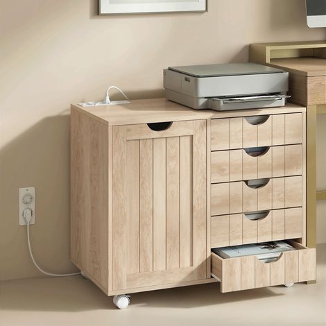 Meuble pour imprimante avec station de charge et roulettes, 5 tiroirs, ports USB, étagère réglable, naturel (1/5)