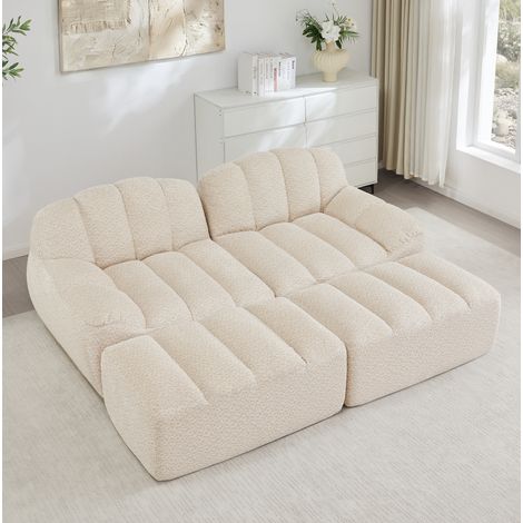 Divano 2 posti modulare in fleece granulare beige bianco, senza struttura rigida, con 2 ottomani (1/5)