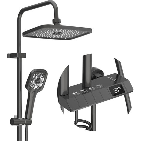 Colonne de Douche Gris avec Pomme de Douche Plafond 30x20 cm Affichage LED, Hauteur Réglable 80-120cm, Douchette à Main avec 3 Modes de Douche, Robinets Cachés, Pistolet à Pression (1/5)