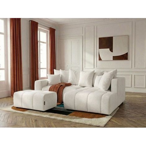 BOBOCHIC - Canapé d'angle L convertible coffre ROXELANE tissu chiné avec pouf Angle droit  Blanc