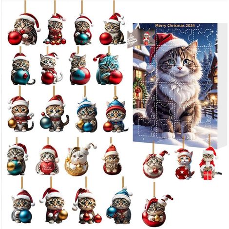 Calendrier de l'Avent de Chat de Noël, Pendentif de chat d'arbre de Noël, Cadeaux de 24 jours pour la Fête de Noël, Pendentif Suspendu de Chat en acrylique 2D, Décorations d'arbre de Noël (1/5)