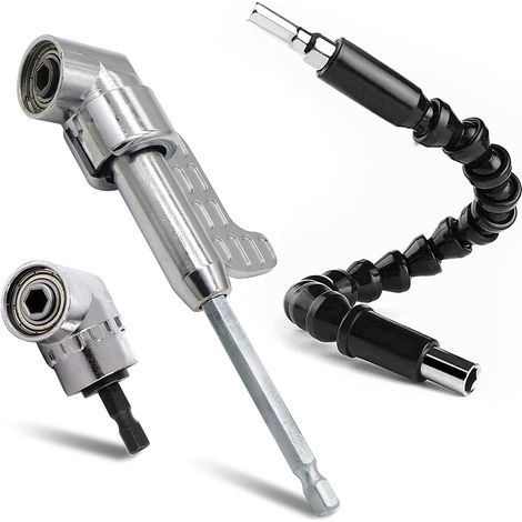 Silbernes 105°-Winkelbohrfutter, 6,35 mm (1/4") Sechskant-Schraubendreher und flexible Verlängerung für Schraubendreher und Bohrmaschinen – Bohrmaschine