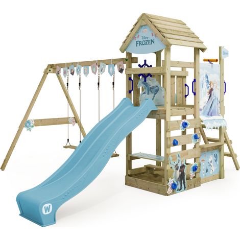 Wickey Spielturm Klettergerüst Disney Adventure mit Schaukel & Rutsche, Kletterturm mit Holzdach, Sandkasten, Leiter & Spiel-Zubehör - Frozen (1/5)
