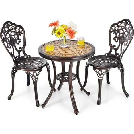 COSTWAY 3-Piece Patio Bistro Set Cast Aluminum Table and Chairs-Red Copper (1/5)