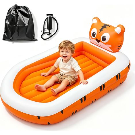 Lit de Voyage Gonflable intégré pour Tout-Petit, lit Gonflable Portable pour Enfants/Matelas de Camping Confortable Amovible avec Pare-Chocs de sécurité Autour (Lapin) (Orange) (1/5)