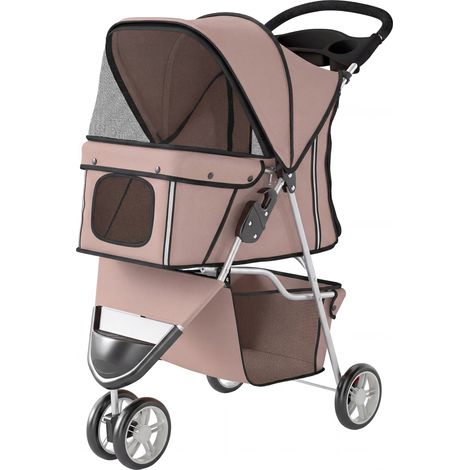 Poussette pour Chien 4 Roues, Chariot Pliable avec Auvent Réglable, Panier de Rangement, 77x44x102cm, Café (1/5)